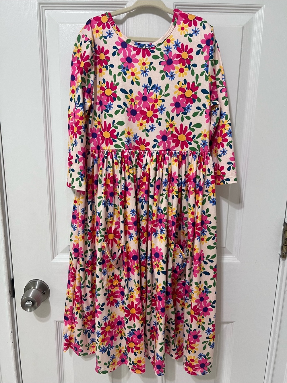 Girls' Long Sleeve Floral Casual Dress in Pink & Cream